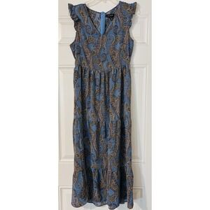 QED London Paisley Maxi Dress V-Neck Ruffle Blue Brown Yellow UK 10 EU 38 US 6